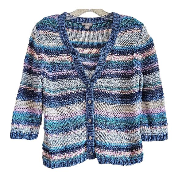 J JILL Women's XS Cardigan Sweater Button Up Striped Mixed Yarn Chunky Bust 34" - Picture 1 of 8